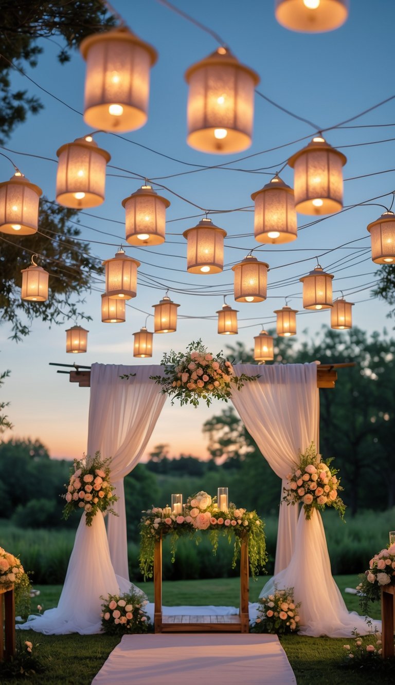 Wedding altar decorated with hanging tea light lanterns, flowers, and drapery in an outdoor setting.